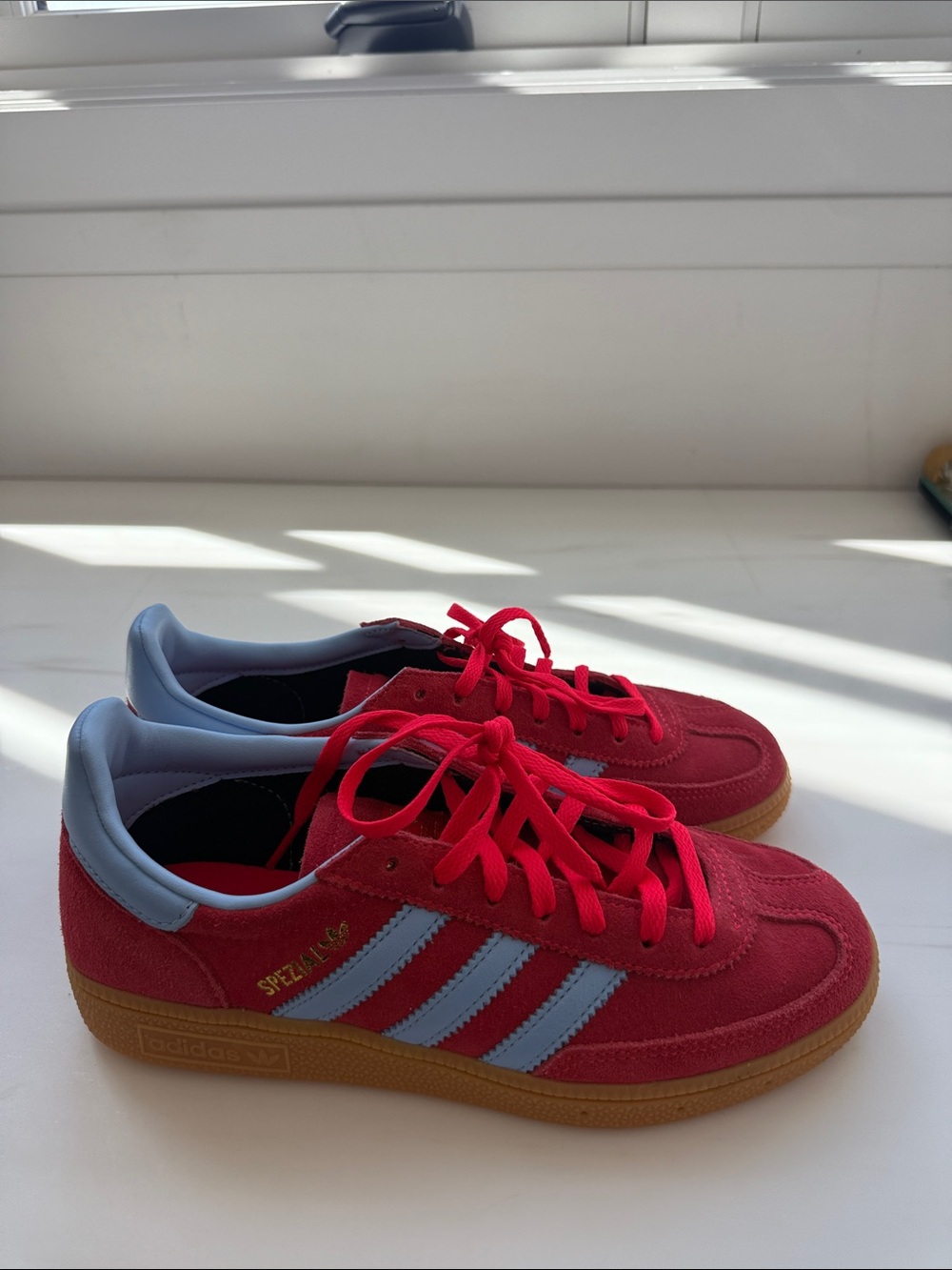 Women’s Red Adidas Spezial Sneakers with Light Blue Stripes - Picture 2 of 7